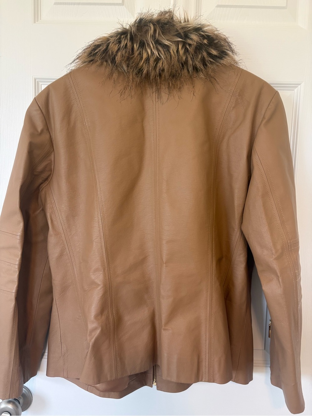 Terry Lewis Genuine Leather Jacket L Tan Faux Fur Collar Gold Zip Y2K - Picture 2 of 8